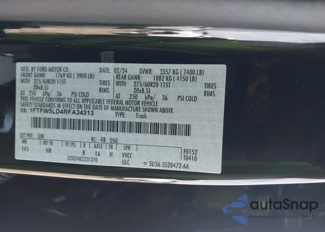 2024 Ford F-150 Lariat из США, поврежденный, VIN 1FTFW5LD4RFA34313